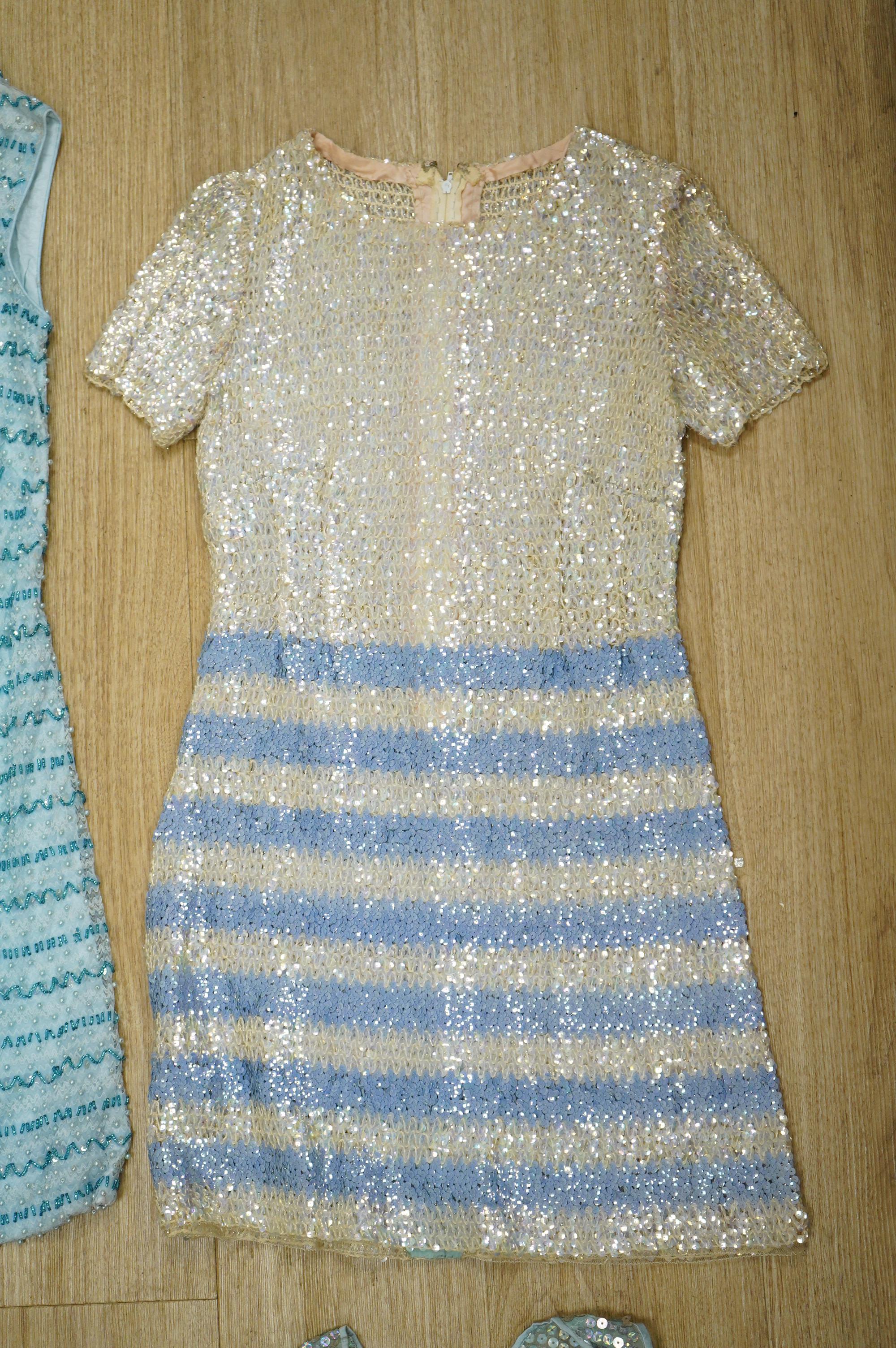 Two 1960's beaded mini dresses, a sequin top and later jumpsuit